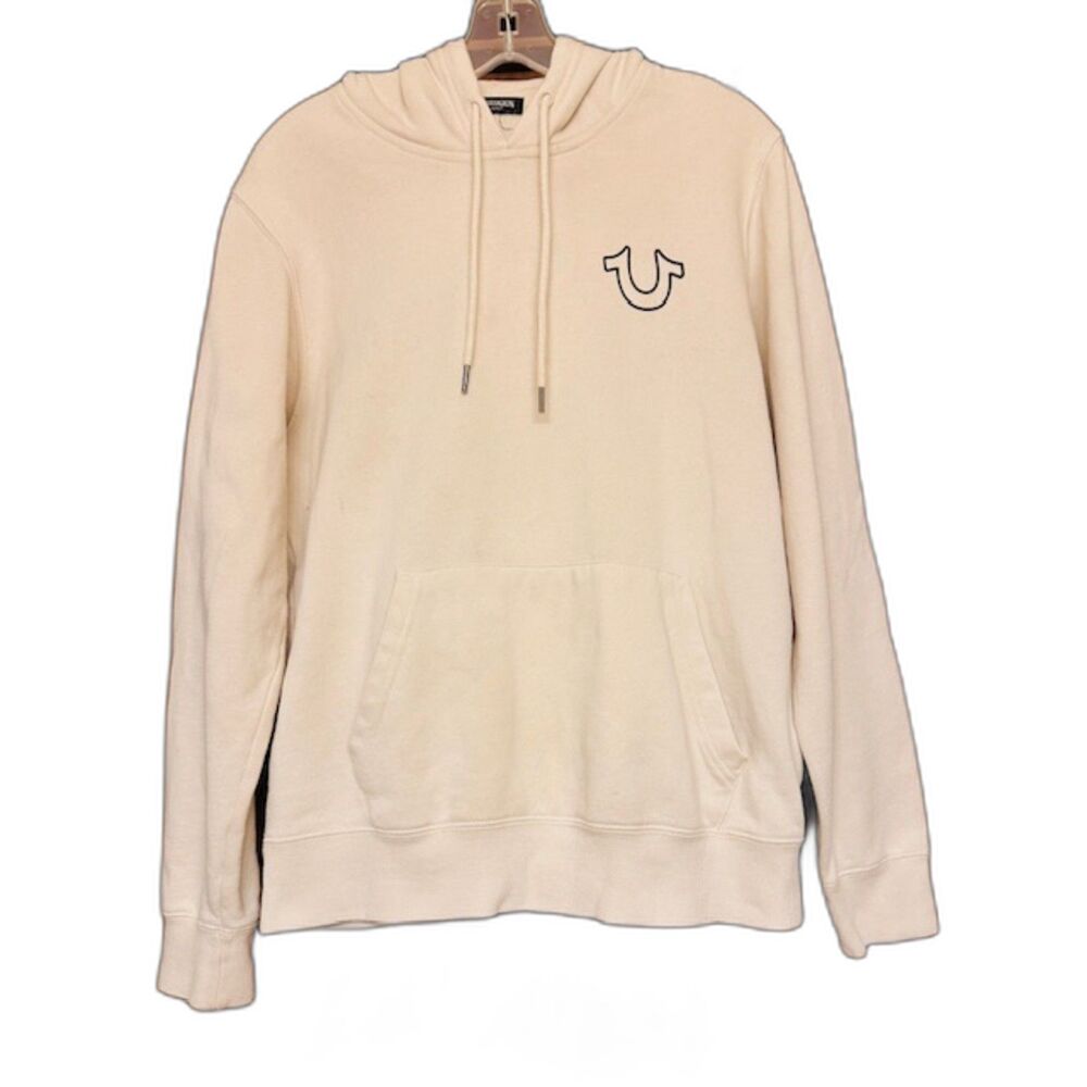 True Religion Est.02 Men Cream-Black Pullover Hoodie Front Pockets Sweatshirt M